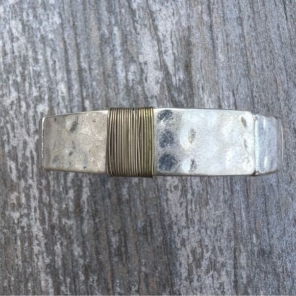 Silver Gold Tone Stretch Hammered Textured Bracelet - Picture 5 of 11